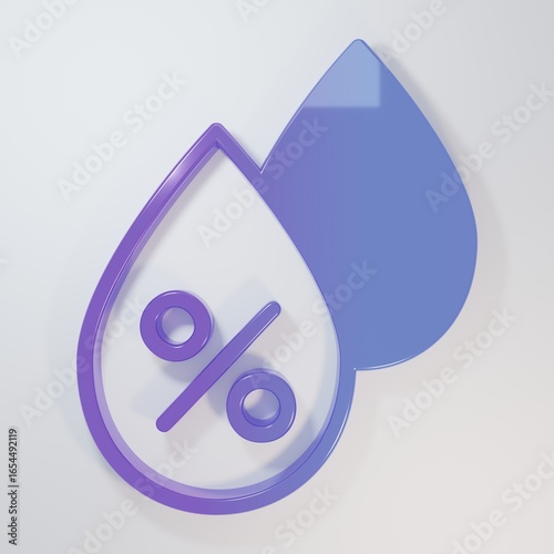 Purple-blue Water drop percentage icon isolated on grey background. Humidity analysis. Minimalism concept. 3D render illustration