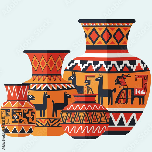 Colorful ceramic pottery with intricate geometric patterns and animal figures.