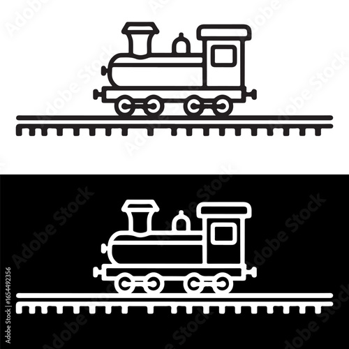Classic steam locomotive icon on train tracks in black and white
