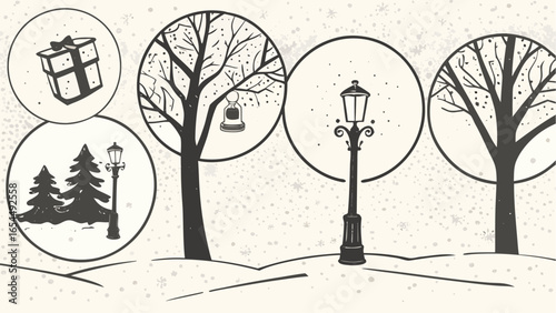 Winter scene with trees, gift, street lamp, and snow in circular frames in monochrome style