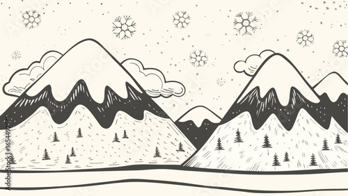 Illustration of a winter landscape with snowy mountains trees and snowflakes in a monochrome style