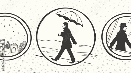 Three circular winter scenes depicting snowfall, a man with an umbrella, and a man in a window frame