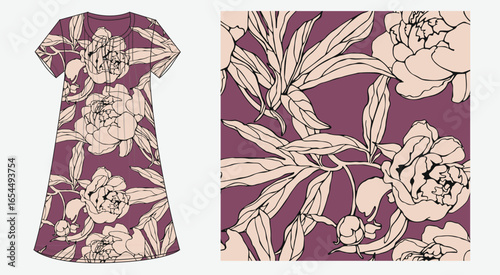 Stylish seamless floral pattern, oversized peony outlines in nude beige on a soft plum mauve background. Ideal for women’s loungewear, elegant home textiles, wallpapers, sustainable fashion fabric