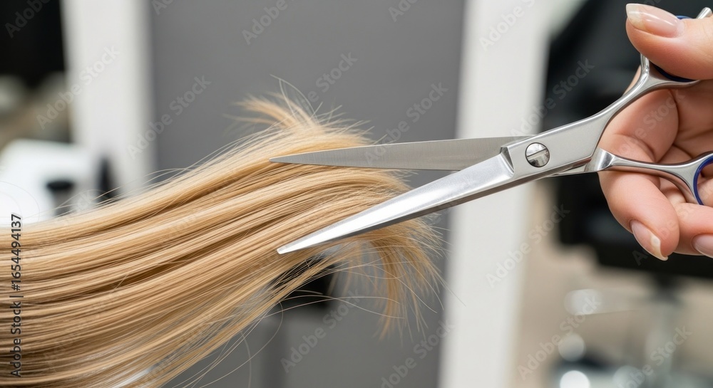 Naklejka premium Close-up of hair being cut with professional shears. A strand of light blonde hair is being snipped by hand-held shears. Salon setting