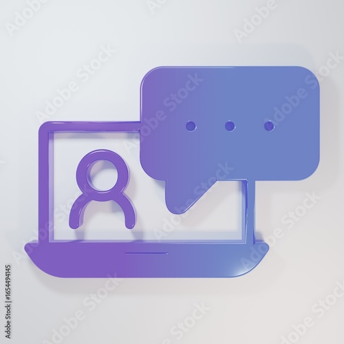 Purple-blue Video chat conference icon isolated on grey background. Online meeting work form home. Remote project management. Minimalism concept. 3D render illustration