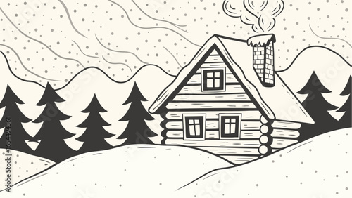 Illustration of a cozy log cabin in a snowy landscape with pine trees and smoke from chimney in winter scene
