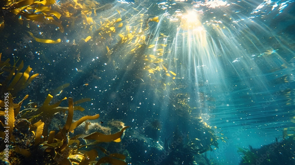 Fototapeta premium Seaweed and Sunlight: Marine Photosynthesis, Coastal Ecosystems, and the Vital Role of Sunlight in Seaweed Growth and Ocean Health