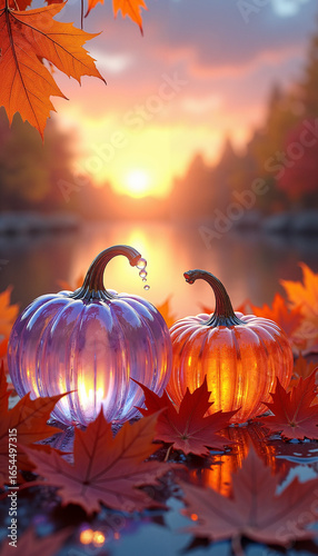 Colorful crystal pumpkins glowing on autumn leaves by the lakeside at sunset  