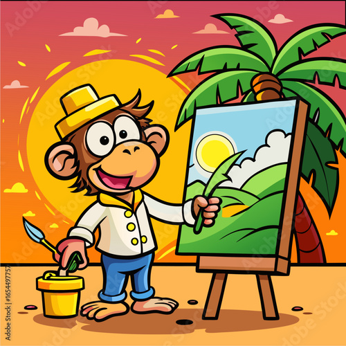 monkey artist painting a giant canvas