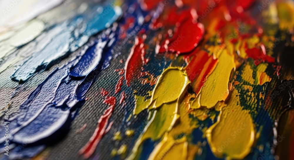 Fototapeta premium Close-up vibrant abstract painting. Thick impasto brushstrokes of various colors create texture