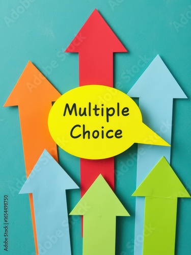 Colorful arrows pointing upward with a yellow speech bubble indicating multiple choice questions