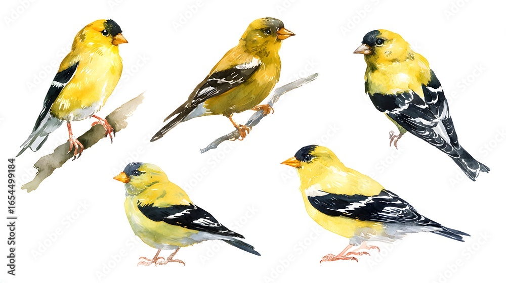 Fototapeta premium Set of american goldfinch Watercolor Illustration Set. Hand-Drawn Realistic yellow and Black american goldfinch Collection. Forest Birds on White Background.