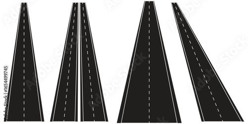 Single Dual Road Vector on Transparent Background. single and dual carriageway Road. Highway Design with Dashed Line Path. Race Track, Driving Route, Traffic Lane. EPS Illustration