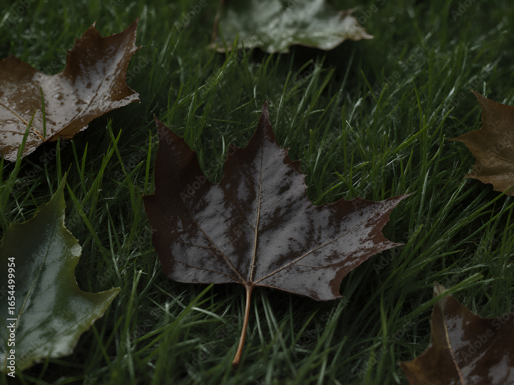 Naklejka premium A photorealistic close-up of several wet, dark brown and green fallen leaves pressed against the blades of bright green grass after a rain shower.