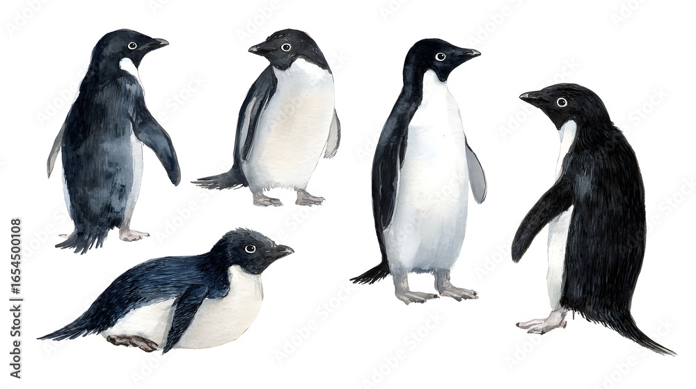 Fototapeta premium adelie penguin watercolor illustration set. Hand drawn realistic emperor penguin cute fluffy couple of nestlings. Aptenodytes forsteri Antarctica avian. Baby penguin set isolated on white background