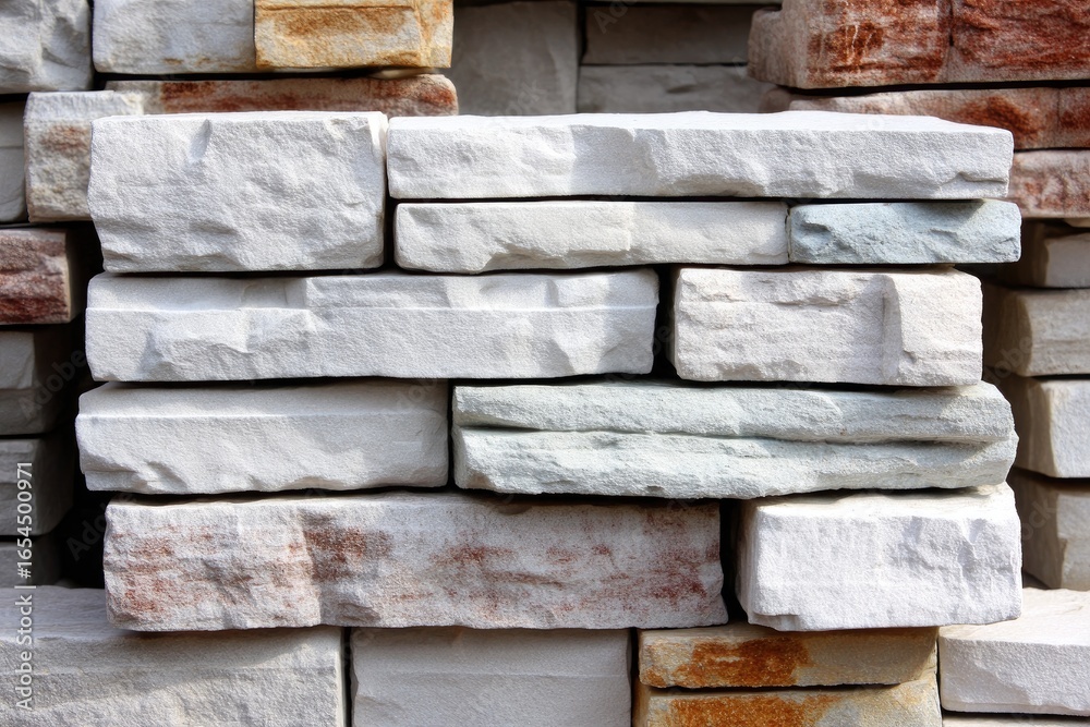 Obraz premium Close-up of stacked, patterned, light colored bricks