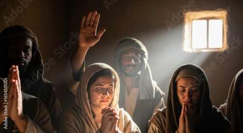 Early Christians praying together in a room with a ray of light, symbolizing faith and spiritual connection. Pentecost scene.