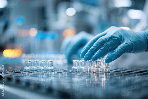 Gloved hands carefully arrange small glass vials on a metal tray in a modern, industrial setting