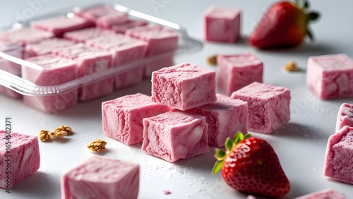Strawberry Marshmallows: Square, soft strawberry marshmallows, are arranged, with fresh strawberries for a delightful visual treat. A close-up captures their vibrant pink hue, inviting indulgence.