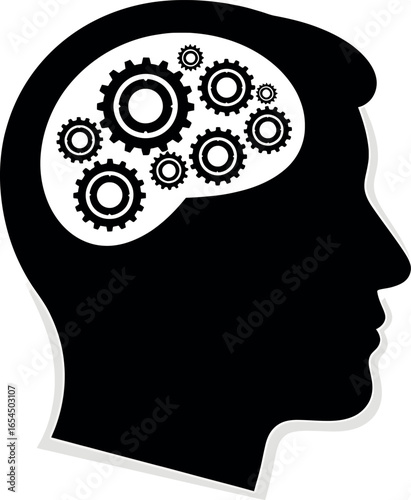 Vector art of silhouette of a head with gears inside representing thinking isolated on white background transparent background