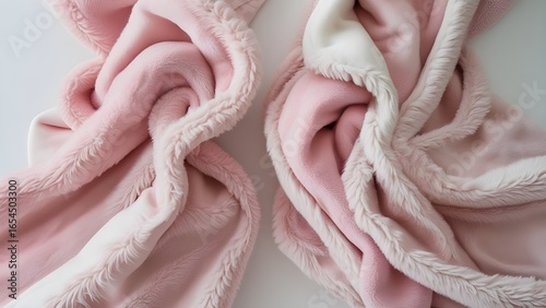 Soft Pink Blankets: Two soft pink blankets are meticulously arranged, offering a visual feast of textures and color, ready to wrap the viewer in a sense of comfort and warmth.