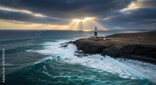 Dramatic seascape with lighthouse.  Powerful waves crash against a rocky shore, with a lighthouse positioned atop a craggy cliff.  Sunbeams pierce a dramatic, stormy sky