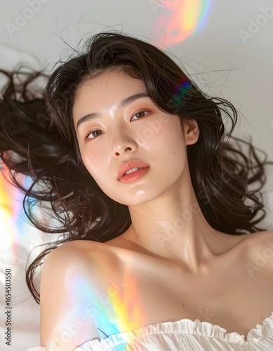 優雅に横たわる美しいアジア人女性, 流れる黒髪と透明感あふれる肌, シネマティックな光と繊細な雰囲気, Ultra-realistic portrait of a young Asian woman, graceful pose with flowing dark hair, glowing flawless skin, cinematic dreamy lighting