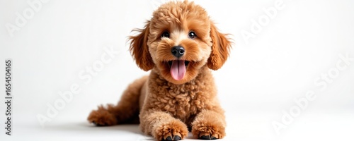 Happy brown poodle dog rests on white background. This cute fluffy puppy has a joyful smile and panting tongue out. Perfect for pet blogs, animal care, or toy store promotions.