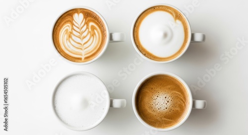 Four white coffee cups, various styles