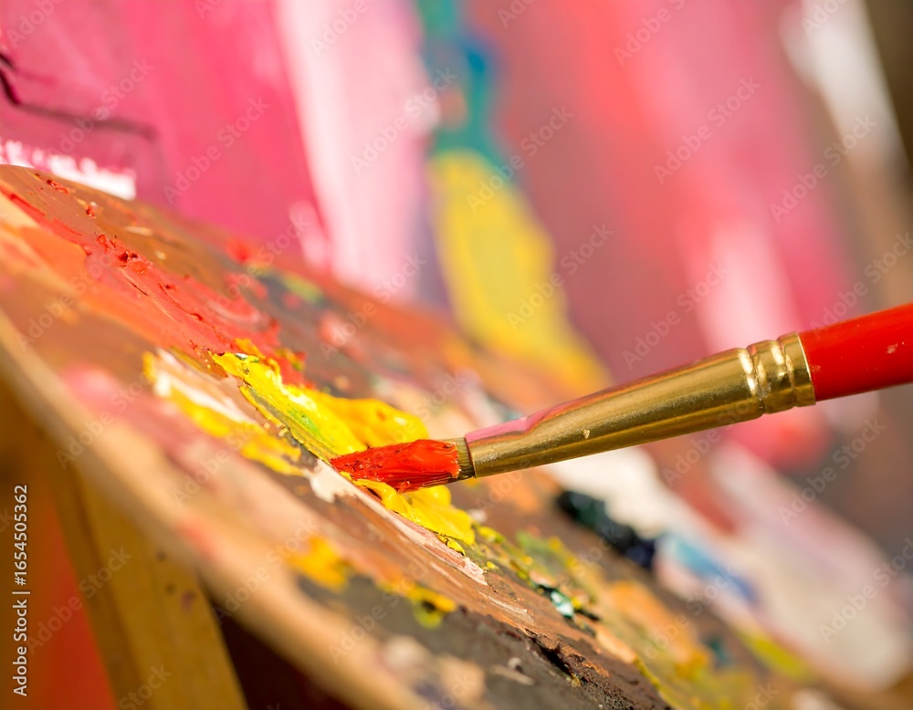 Fototapeta premium Close-up of vibrant multicolored paint on artist's palette with brush detail
