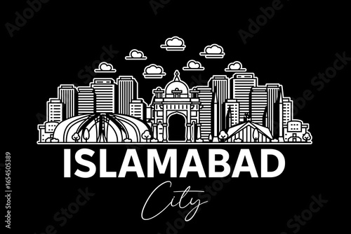 Islamabad, Pakistan architecture line skyline illustration with shadows. Linear vector cityscape with famous landmarks, city sights, design icons.