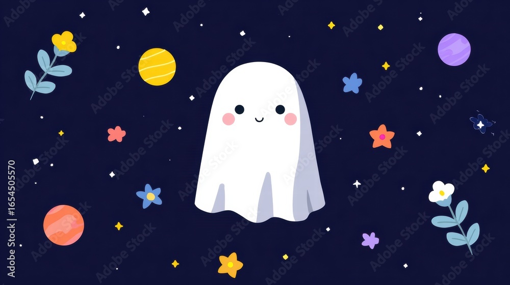 Fototapeta premium Smiling Cartoon Ghost Floating in a Whimsical Cosmic Garden