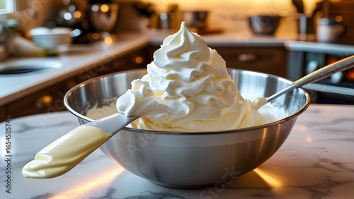 Whipped Cream Delight: A close-up shot captures the artistry of whipped cream, a culinary masterpiece perfectly styled in a stainless steel bowl with a spatula, evoking creamy indulgence