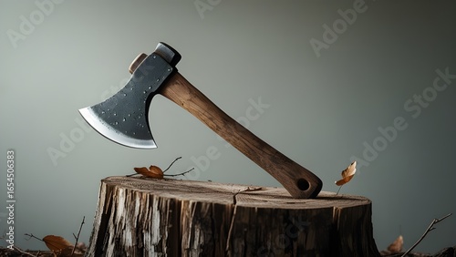 Axe resting on tree stump: A classic axe with a wooden handle rests upon a tree stump, conveying strength, craftsmanship, and the tools of the trade.