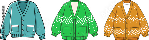 Colorful flat style cardigans in teal, green, and brown designs  
