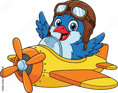 Cartoon blue bird pilot in toy airplane, aviator goggles and helmet, cheerful flying character, colorful children’s illustration, vector art