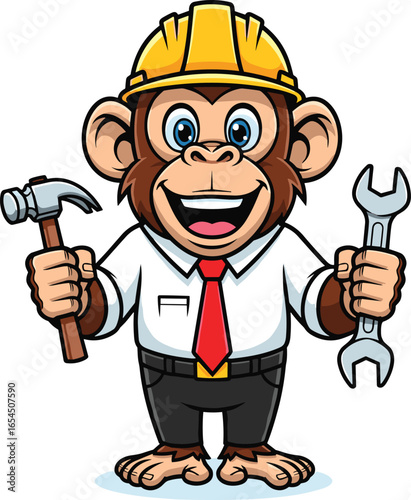 Cartoon monkey construction worker with hammer and wrench, white shirt, red tie, yellow hard hat, mascot for labor, repair, tools