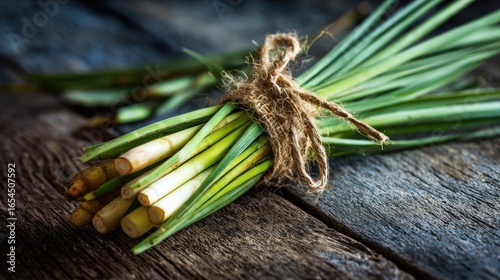 Freshly Harvested Lemongrass Bundles on Rustic Wooden Surface
