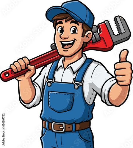 Cartoon plumber character with wrench, thumbs up pose, blue uniform, professional mascot for plumbing service, repair, maintenance, logo design