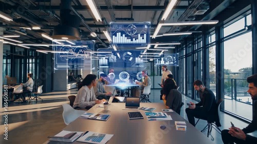 Team meets around table with hologram screens, team meeting shares data, hologram lights guide team meeting ideas, calm collaboration lifts team meeting spirit. Concept digital strategy