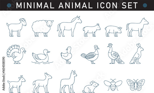 Farm animal icon set with sheep horse goat pig cow duck goose pigeon chicken rabbit