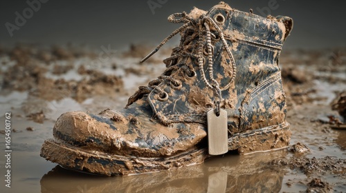 Dirty and Worn Military Boot in Thick Muddy Environment
