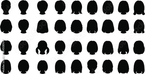 Hairstyle silhouette set in grid layout, 30 diverse haircuts including bangs, ponytails, curls, layers, short and long styles