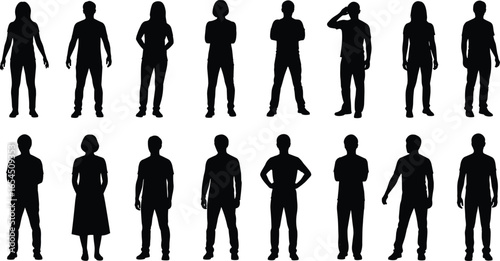 Set of 15 human silhouettes in varied stances and arm positions, black figure icons for posture, design, and body language study