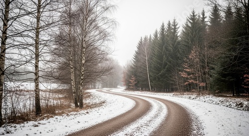 Winding snowy forest road bathed in soft winter sunlight