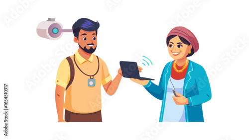 A man handing a laptop to a woman with a security camera in the background and wifi signal shown