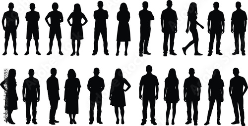 Silhouettes of 20 diverse people in dynamic and static poses, mixed clothing styles, male and female figures for design, illustration, reference