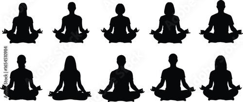 Silhouettes of people meditating in cross-legged yoga pose, black figures with mudra hand gesture for wellness, mindfulness, and design use