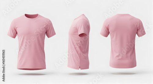 Blank pink t-shirt mockup in front, side, and back view on a white background