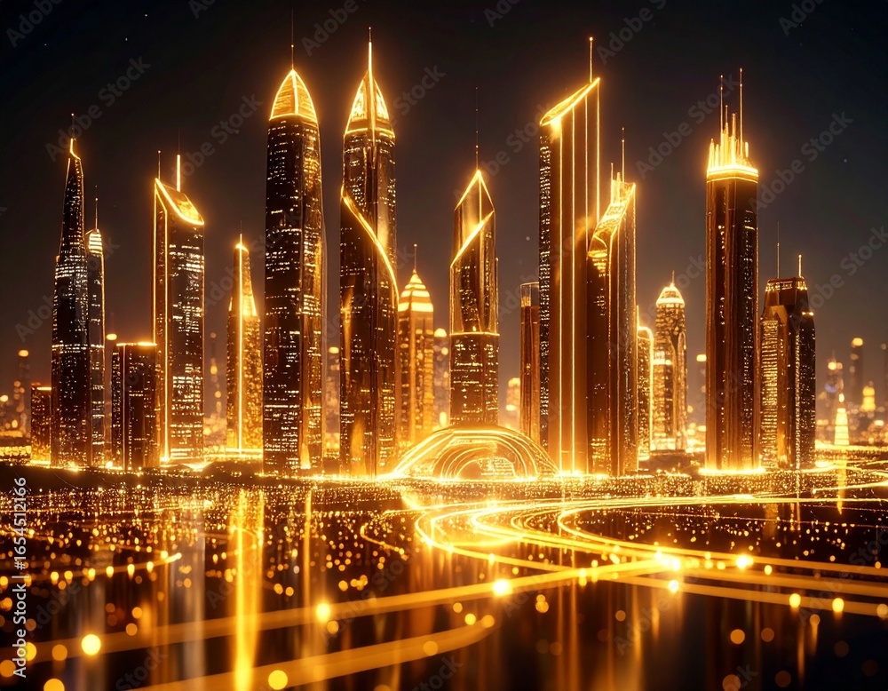 Fototapeta premium Golden futuristic city skyline, cyberpunk neon details, ultra-detailed, cinematic lighting, high-resolution digital art 
